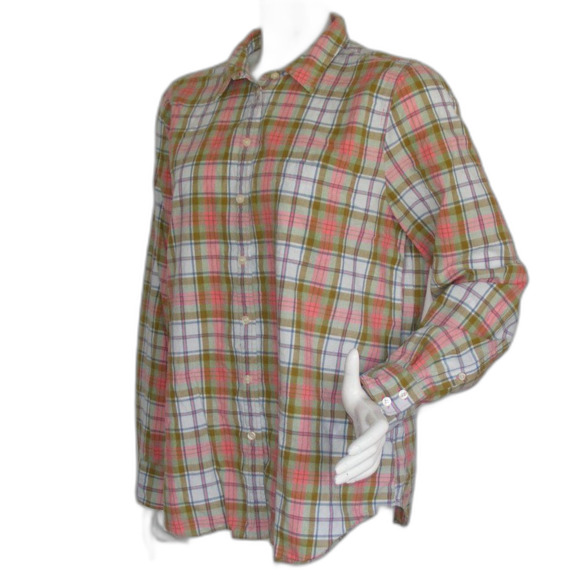 J.CREW Top/Blouse, M, Boy Fit, Plaid, Pink/Green, Long sleeve, 2 button cuff - Picture 4 of 13